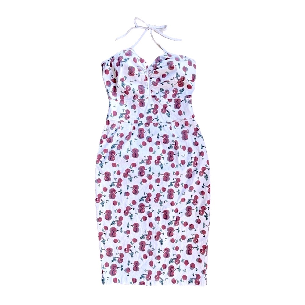 Bettie Page White Halter Midi Dress with Cherry Print